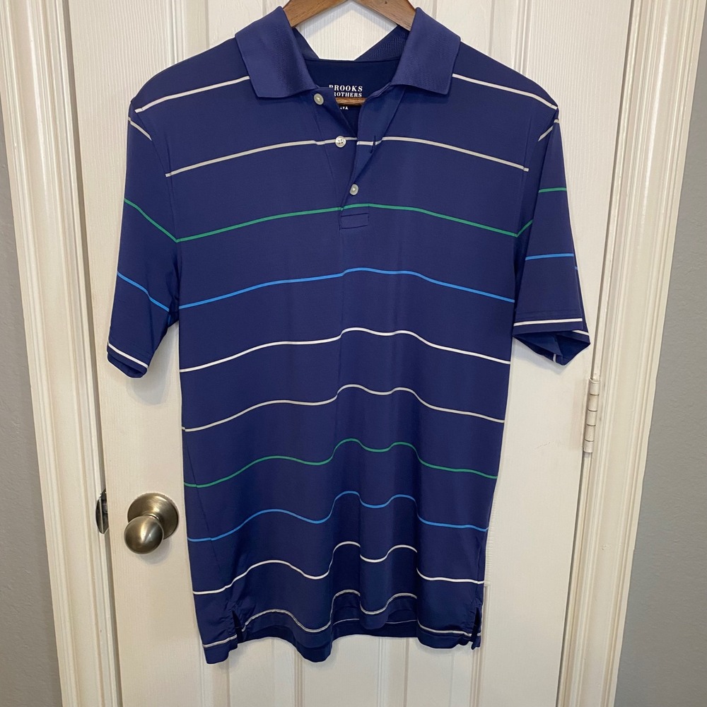 Brooks Brothers Mens Medium‎ Polo Shirt Blue Striped Golf Casual Short Sleeve